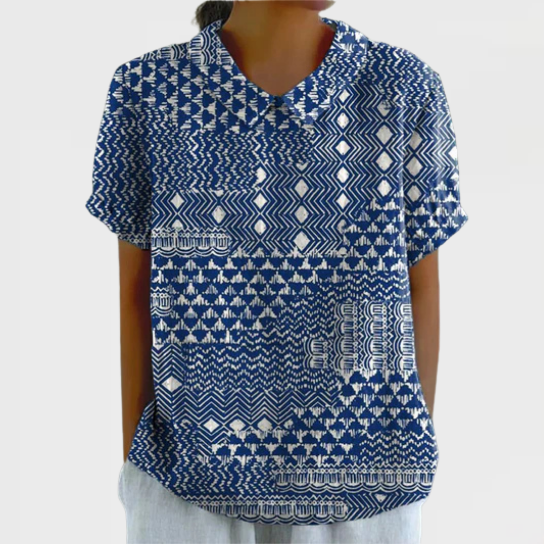 Lenora | Women’s Blue and White Tribal-Inspired Print Shirt