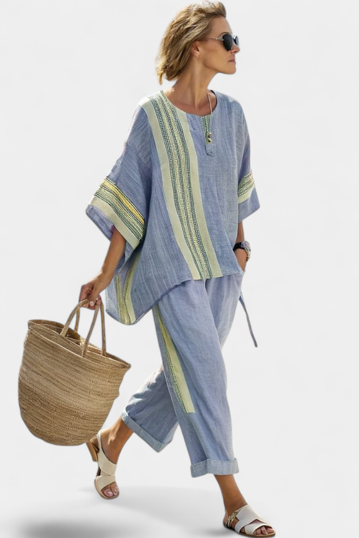 Roselyn | Women's Striped Two-Piece Set with Oversized Top and Cropped Trousers