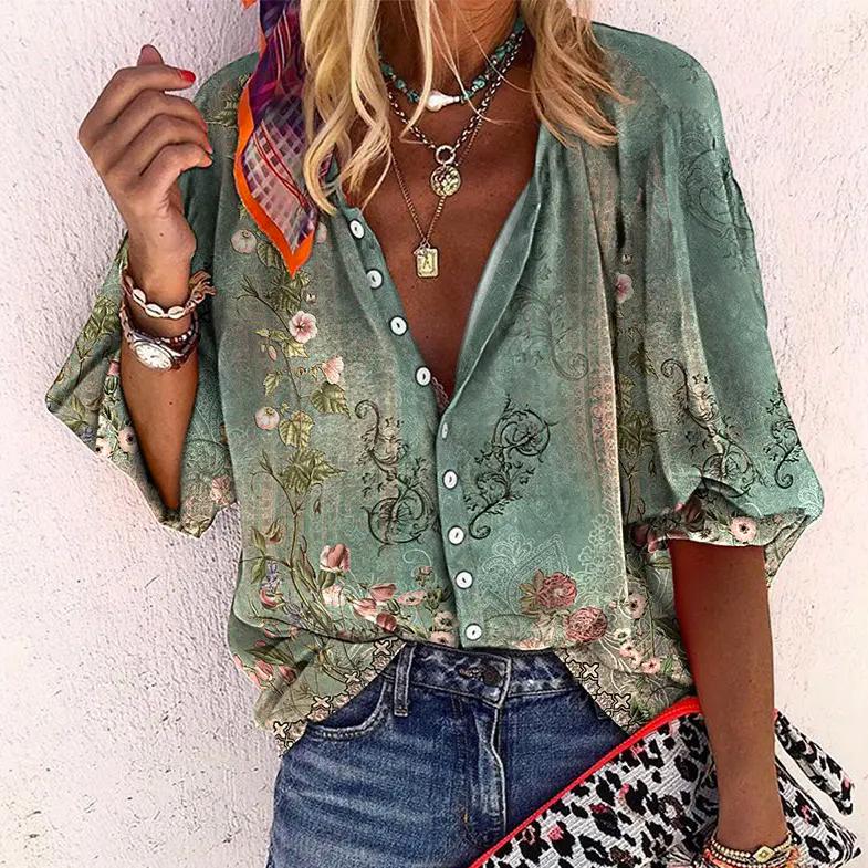 Ryza | Women’s Floral Button-Front Blouse with Short Sleeves