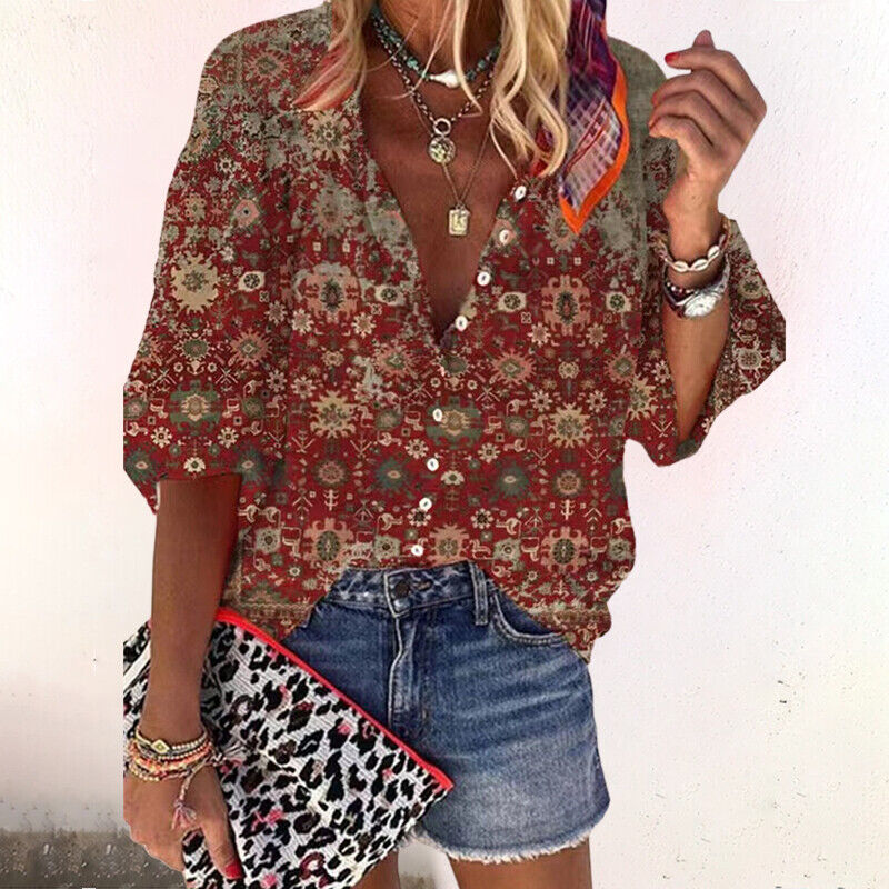 Ryza | Women’s Floral Button-Front Blouse with Short Sleeves