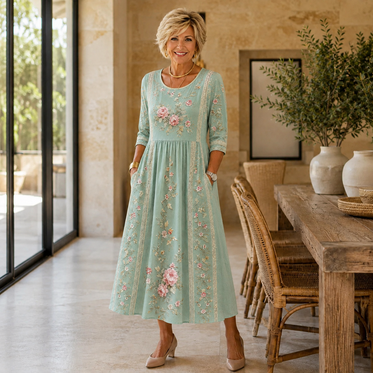 Ronda | Women’s Sage Green Floral Midi Dress with Rose Print