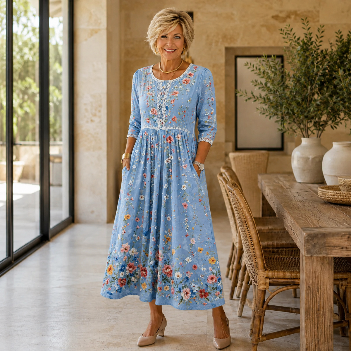 Sylvie | Women’s Blue Floral Midi Dress with Three-Quarter Sleeves