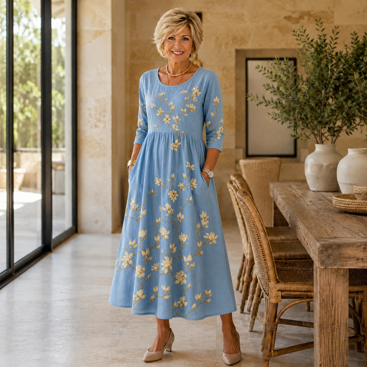 Marielle | Women’s Blue Floral Midi Dress with Golden Botanical Print