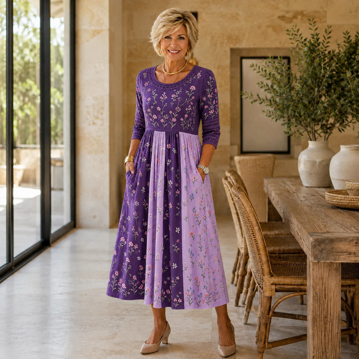 Nadine | Women’s Purple Panel Midi Dress with Wildflower Print