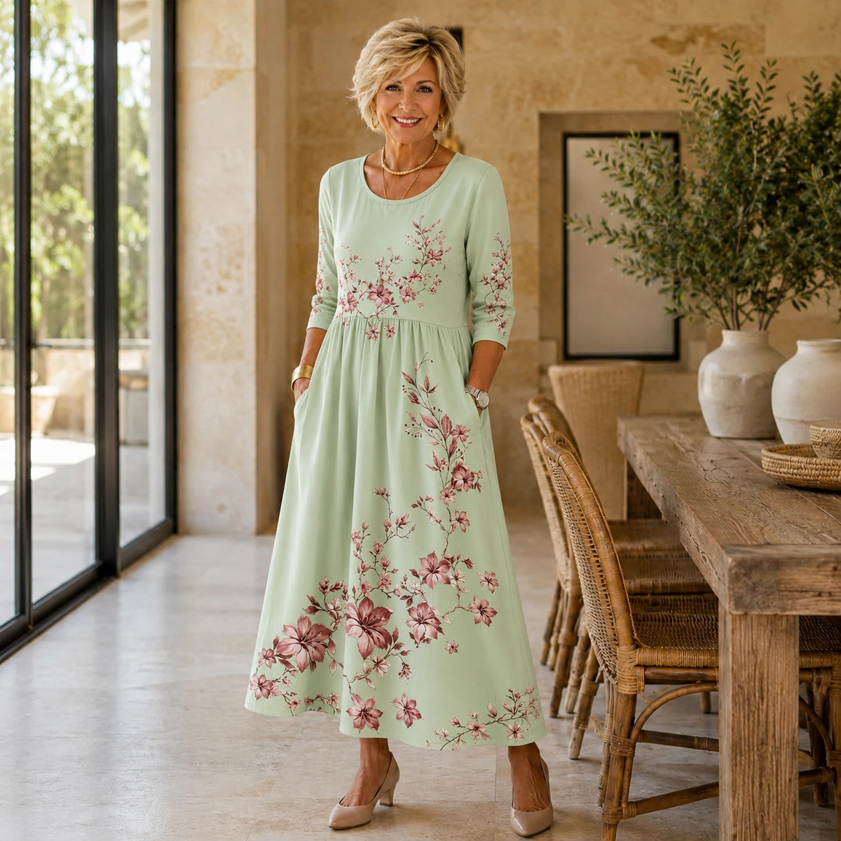 Winona | Women’s Sage Green Floral Midi Dress with Blush Botanical Print