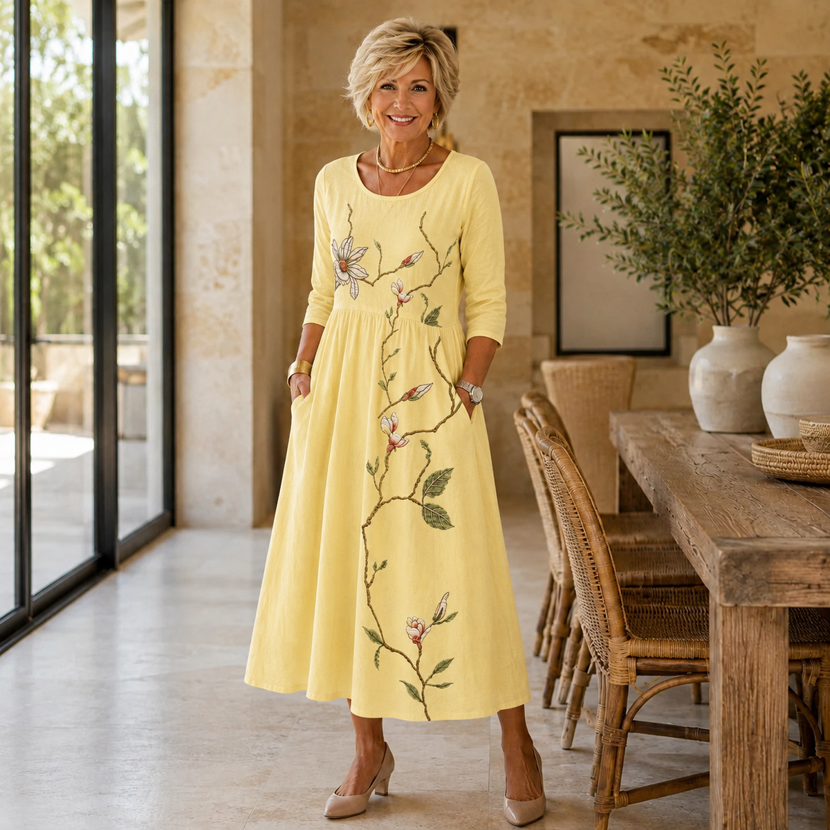 Estelle | Women’s Golden Yellow Floral Midi Dress with Botanical Print
