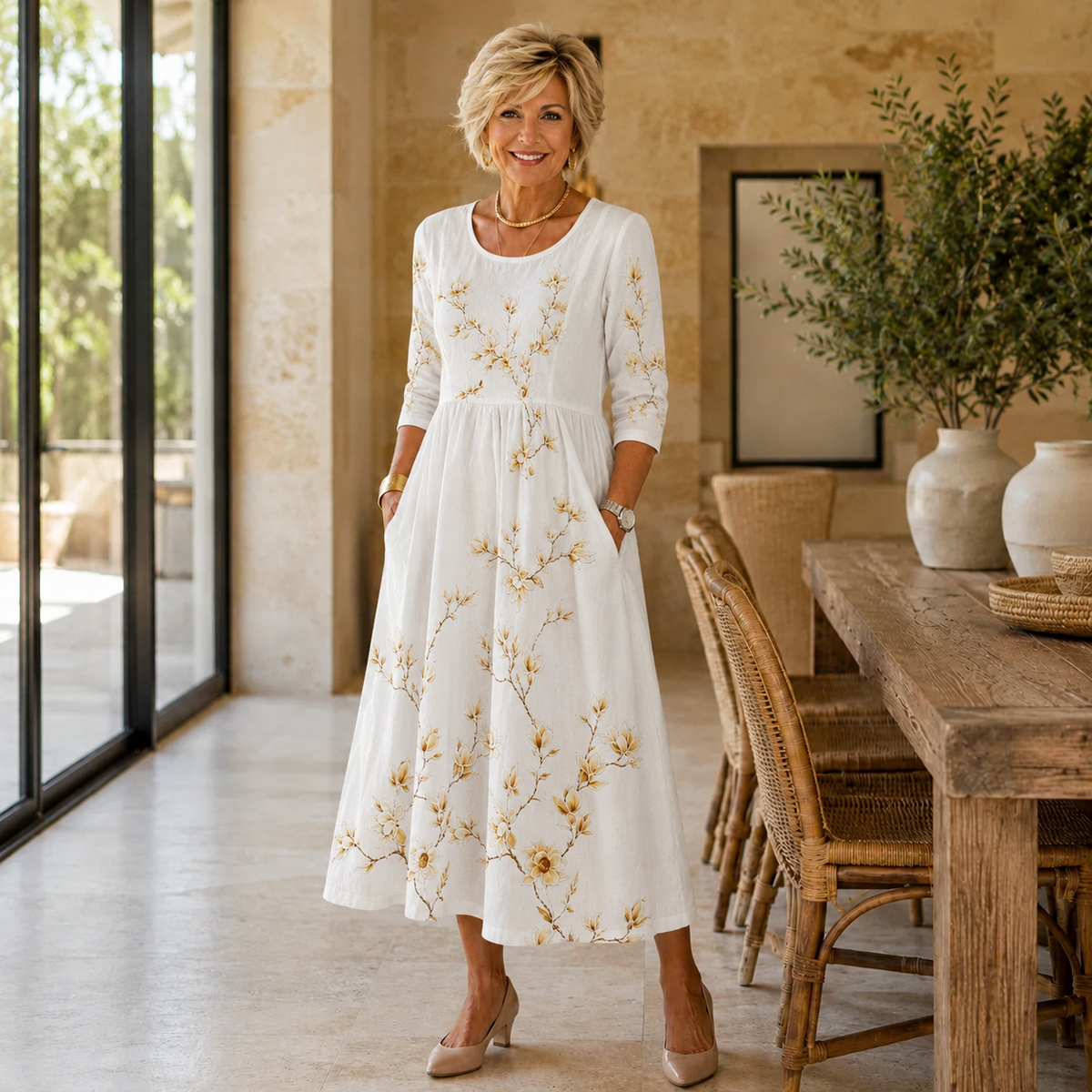 Althea | Women’s Ivory Floral Midi Dress with Golden Botanical Print