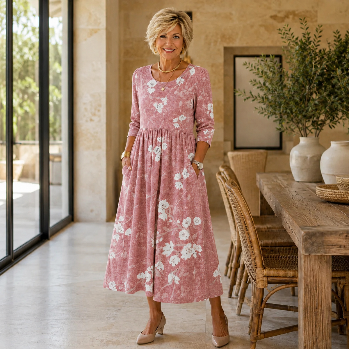 Anneliese | Women’s Blush Pink Floral Midi Dress with White Botanical Print