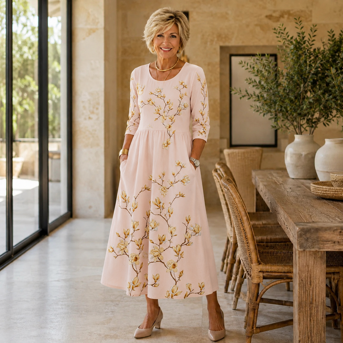 Marlowe | Women’s Blush Pink Floral Midi Dress with Golden Magnolia Print