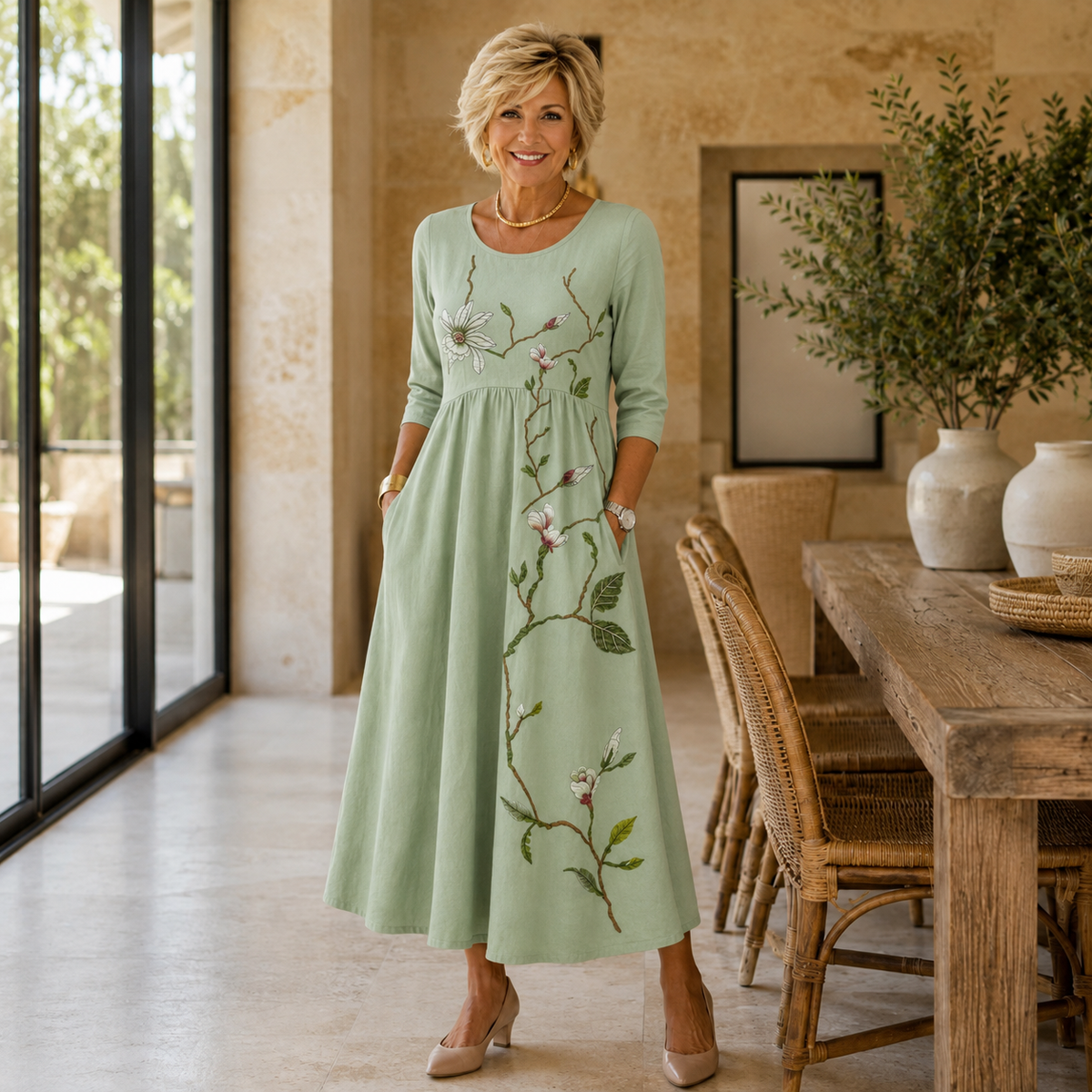 Faye | Women’s Sage Green Botanical Midi Dress with Floral Branch Print