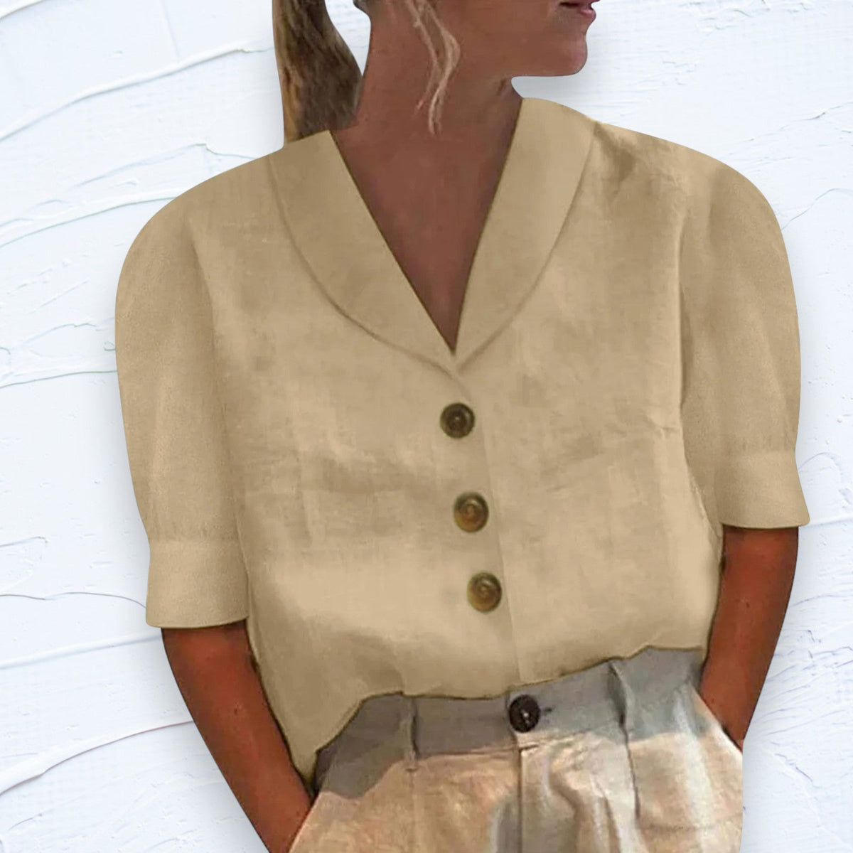 Sylvie | Women’s Shawl V-Neck Top with Cap Sleeves and Button Front