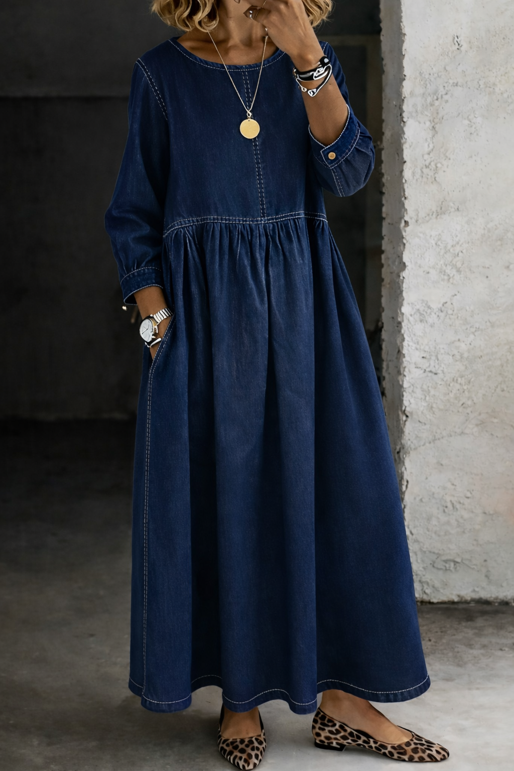 Trina | Women’s Denim Maxi Dress with Long Sleeves