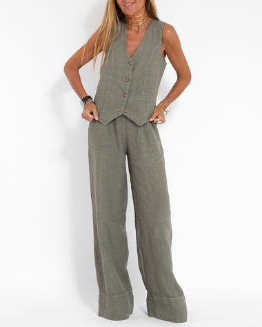 Vivienne | Women's Sleeveless Button-Front Vest and Wide-Leg Pants Set