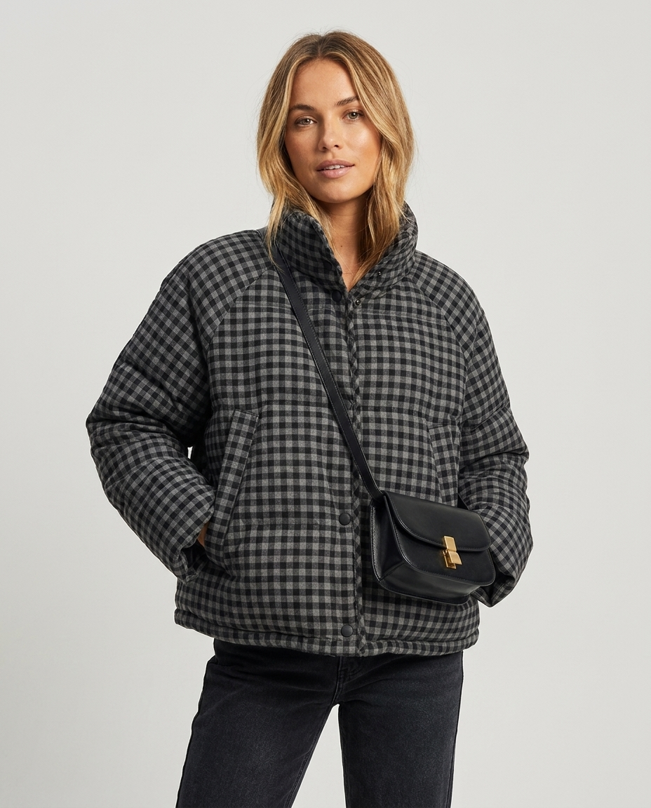 Women's Cropped Puffer Jacket Gingham Check Stand Collar | Button-Up