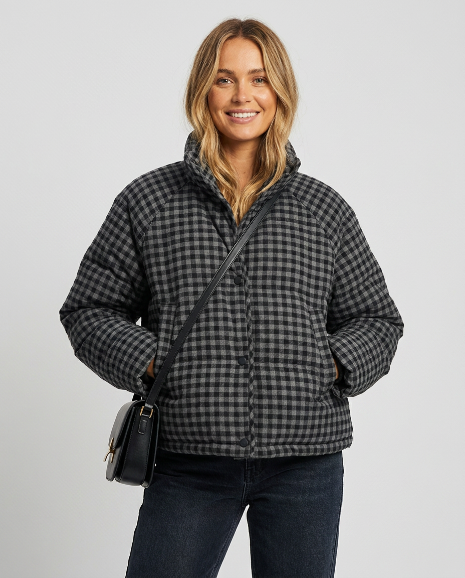 Women's Cropped Puffer Jacket Gingham Check Stand Collar | Button-Up