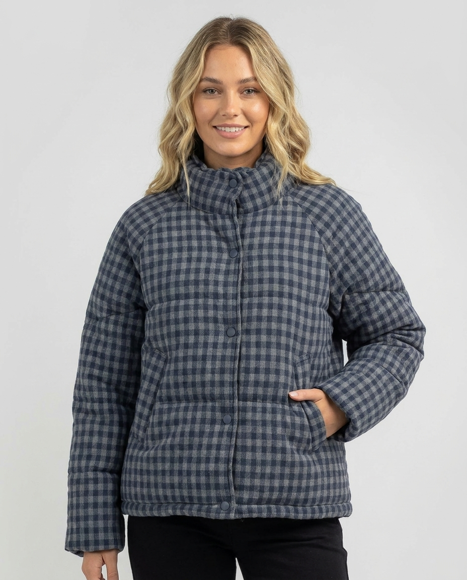 Women's Cropped Puffer Jacket Gingham Check Stand Collar | Button-Up