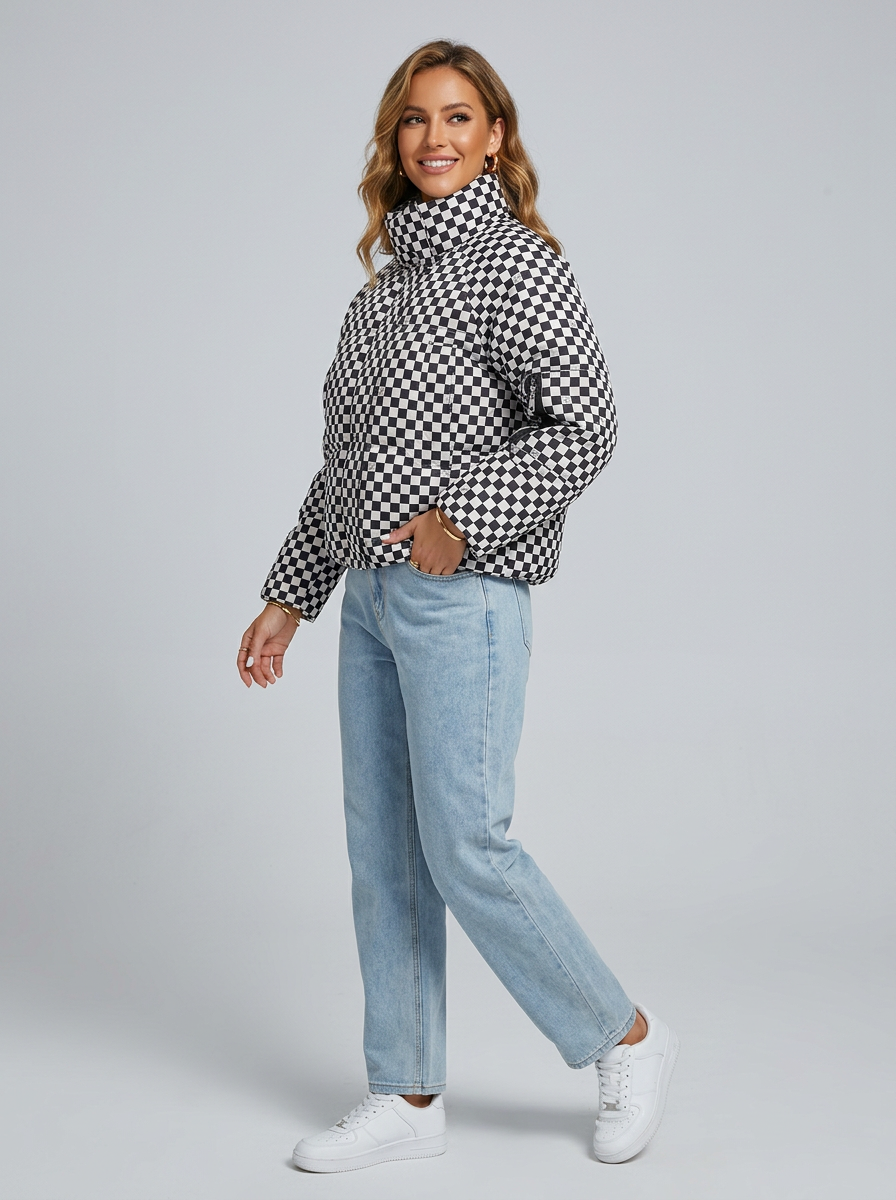 Women's Puffer Jacket Casual | Checkered