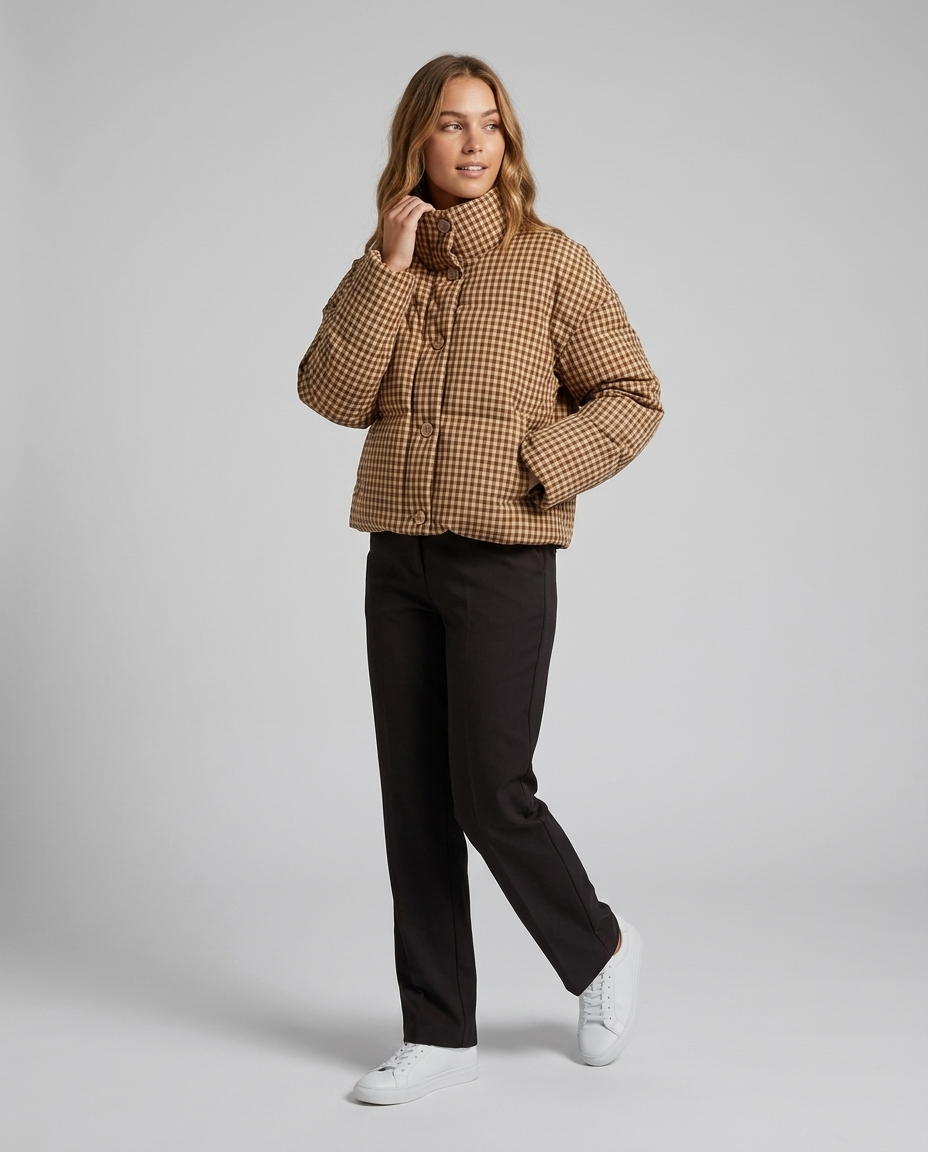 Women's Puffer Jacket Plaid Stand Collar Button-Up | Cropped