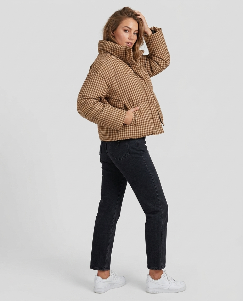 Women's Puffer Jacket Plaid Stand Collar Button-Up | Cropped