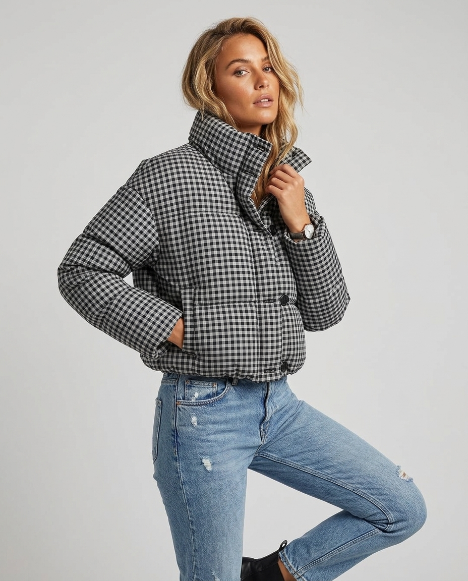Women's Puffer Jacket Plaid Stand Collar Button-Up | Cropped