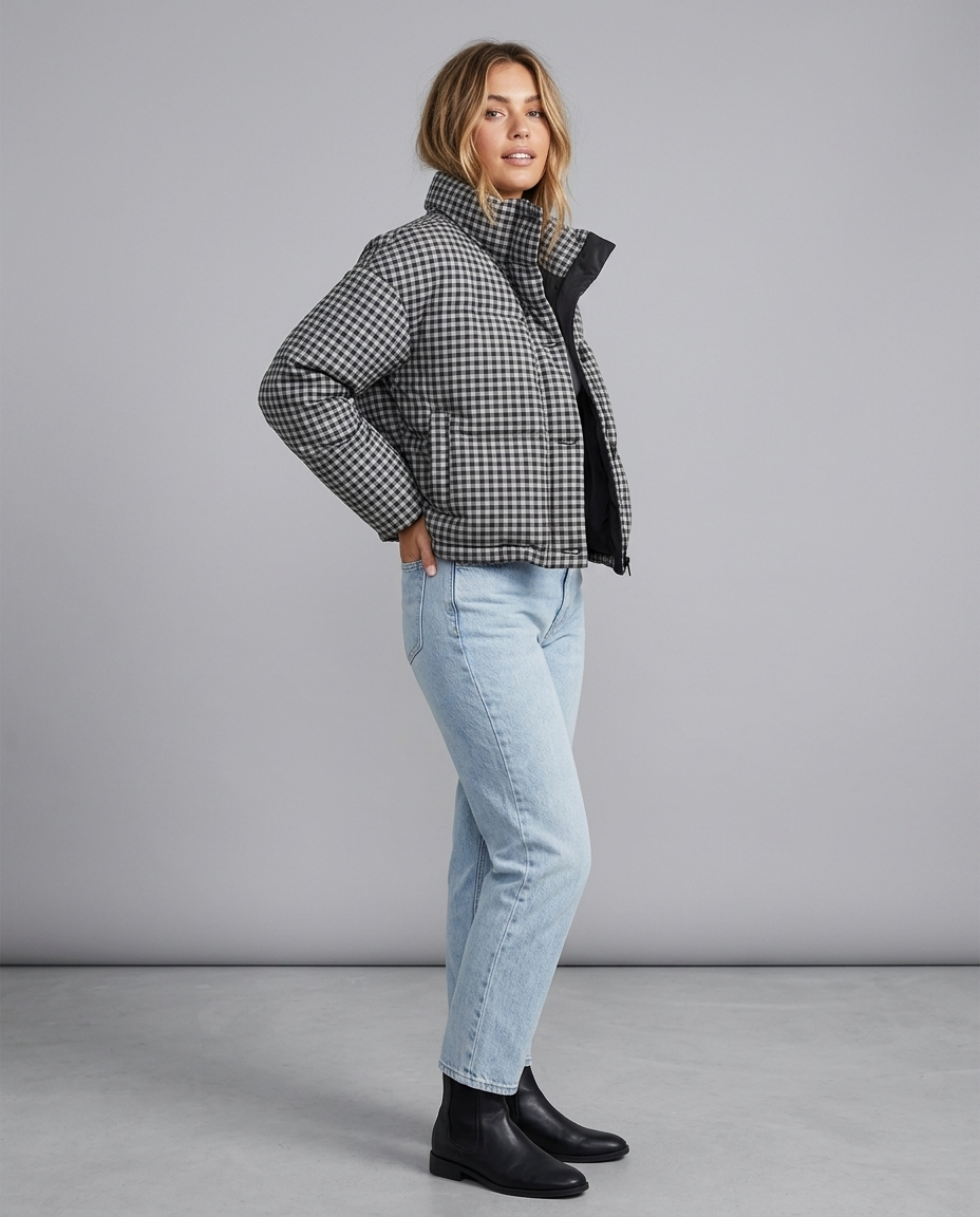 Women's Puffer Jacket Plaid Stand Collar Button-Up | Cropped
