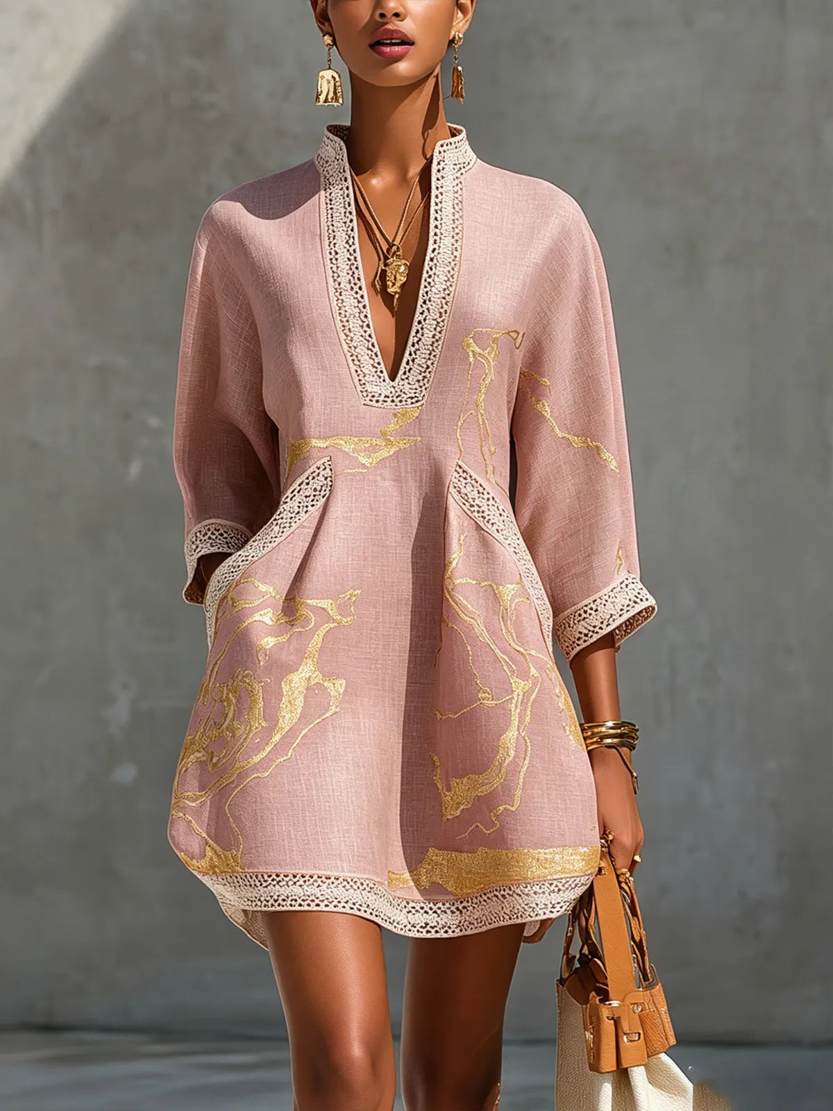 Alexandra | Pink Gold Boho V-Neck Mini Dress