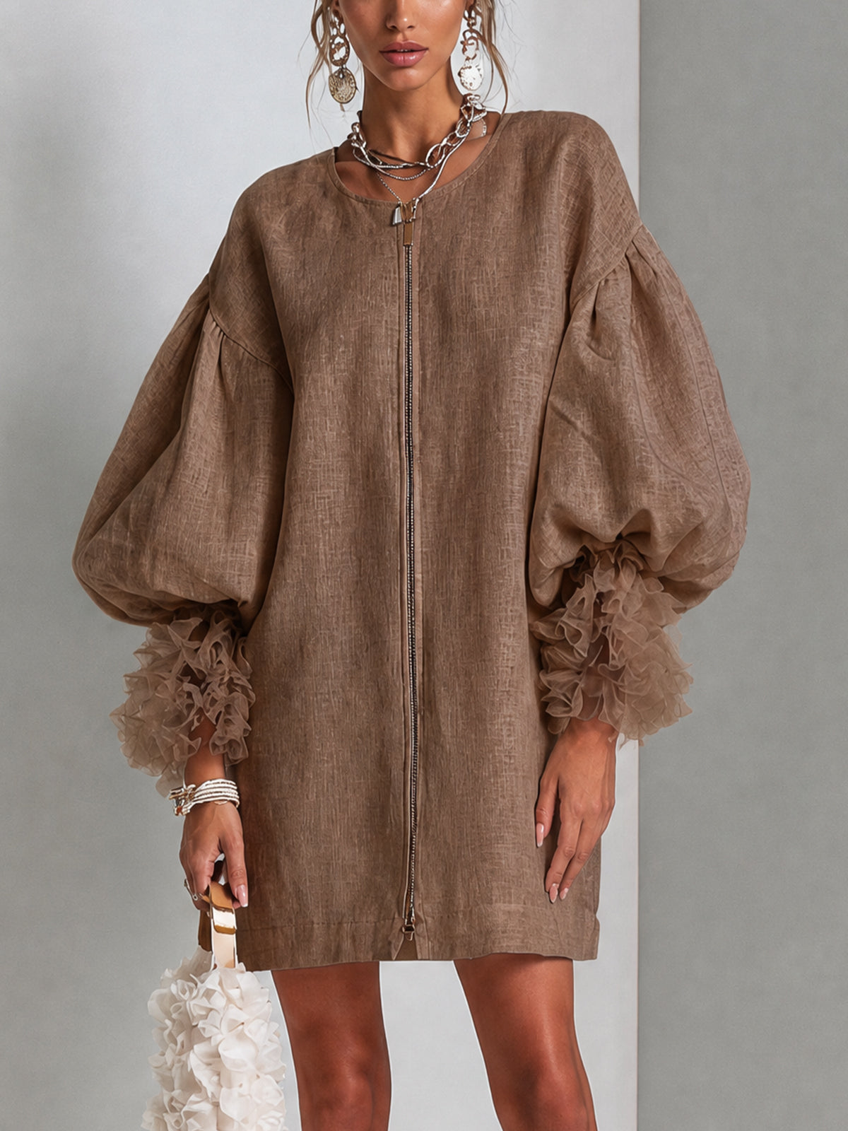 Alice | Women's Zip-Front Balloon Sleeve Mini Dress