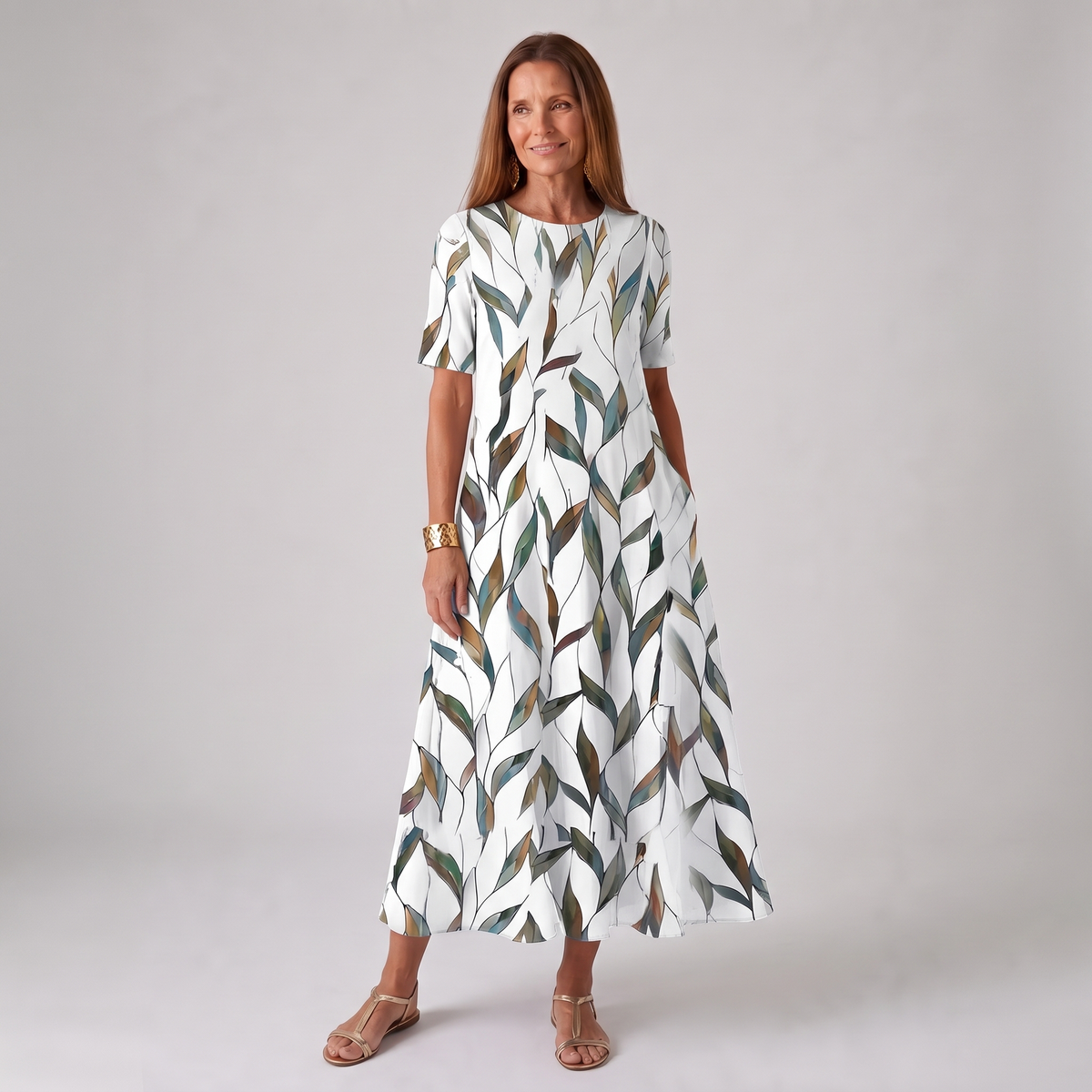 Alina | Women’s Floral Print A-Line Midi Dress with Short Sleeves