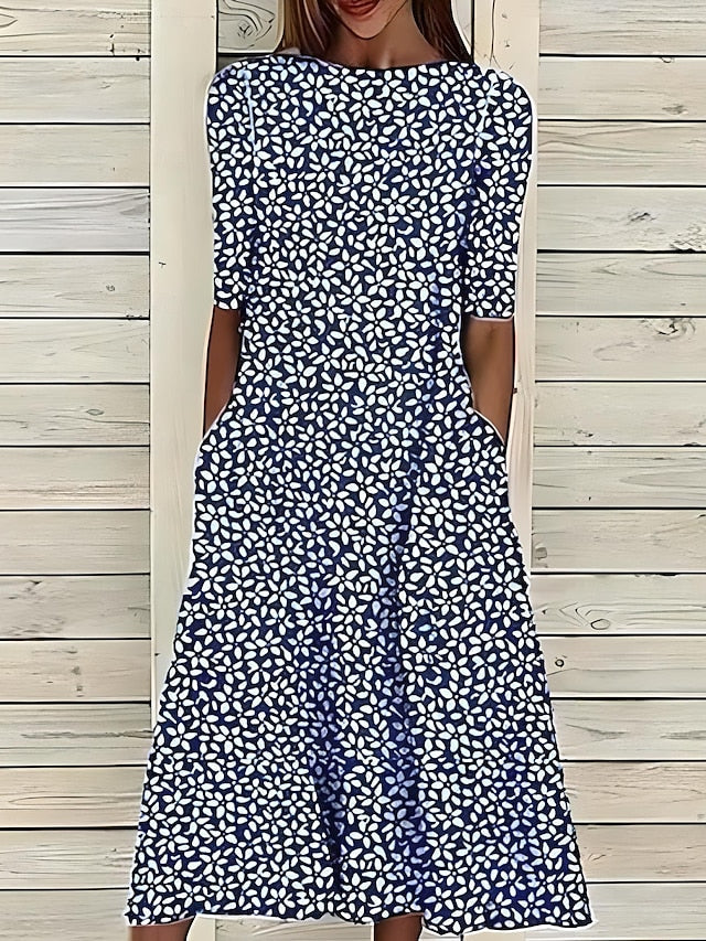 Alina | Women’s Floral Print A-Line Midi Dress with Short Sleeves