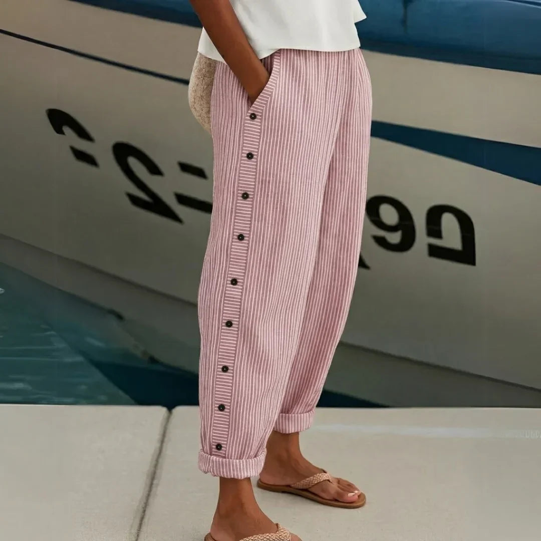 Alina | Striped High-Waisted Button Trousers
