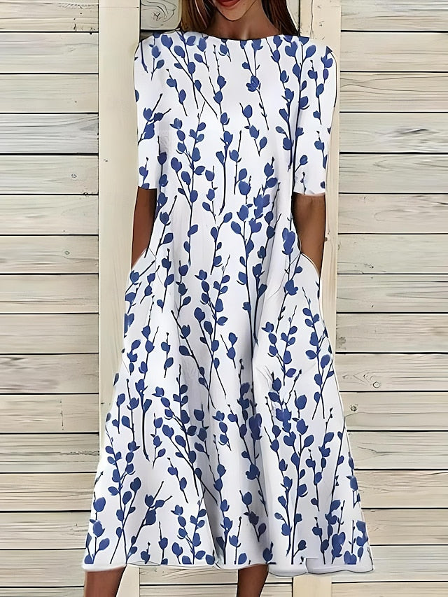 Alina | Women’s Floral Print A-Line Midi Dress with Short Sleeves