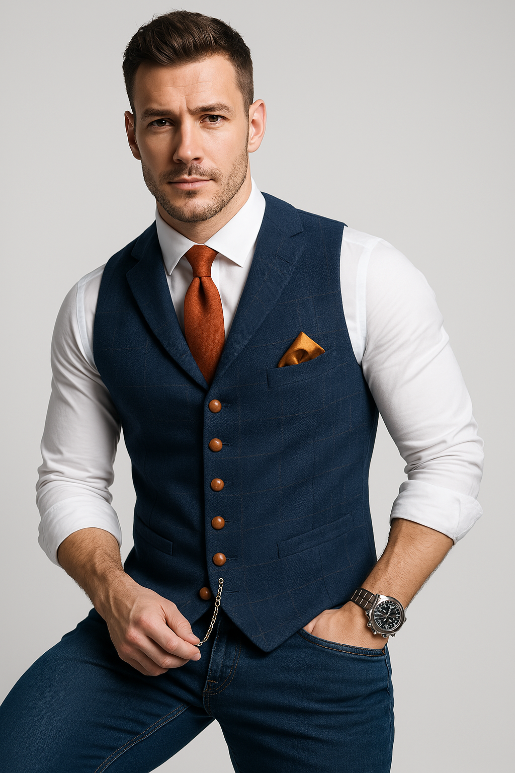 Alistair | Men's V-Neck Waistcoat With Windowpane Check