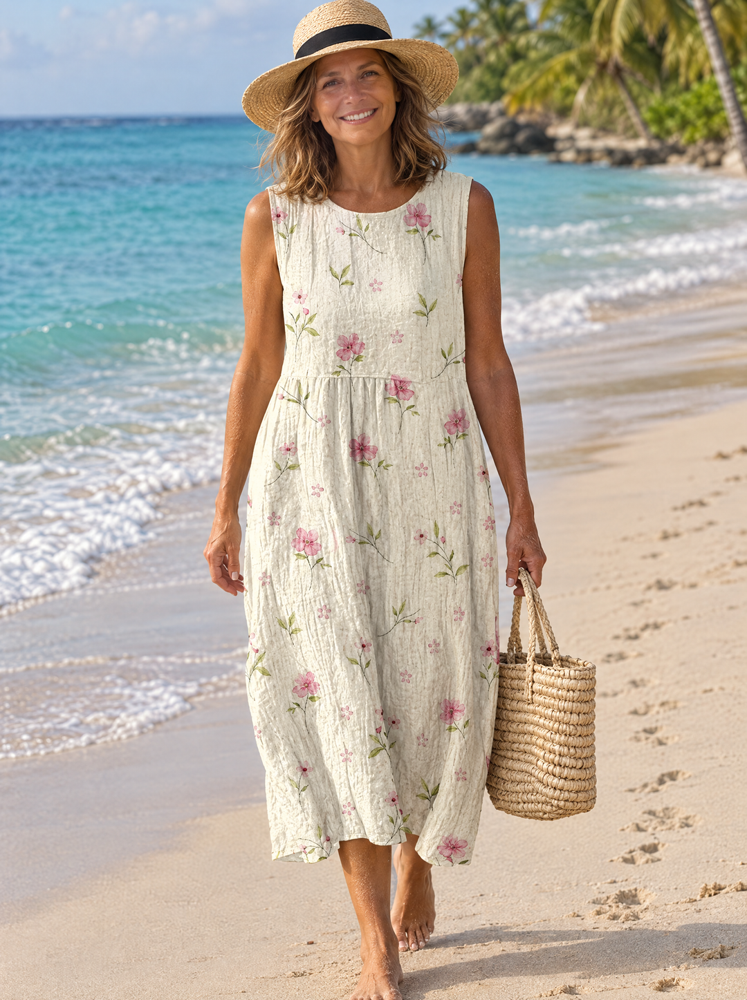 Alyana | Women's Cream Blossom Print Midi Dress
