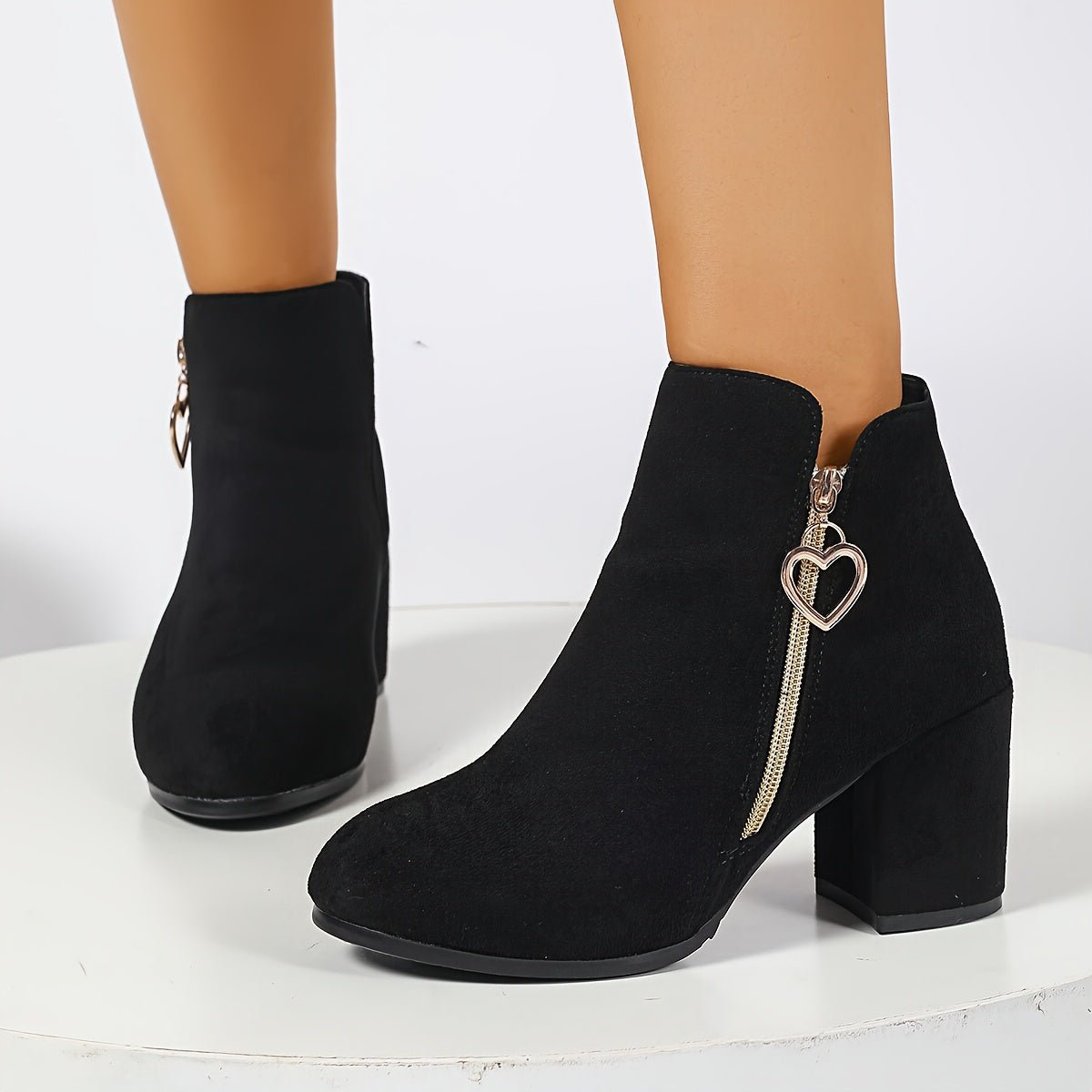 Analyn | Women’s Block Heel Ankle Boots with Gold-Tone Heart Charm