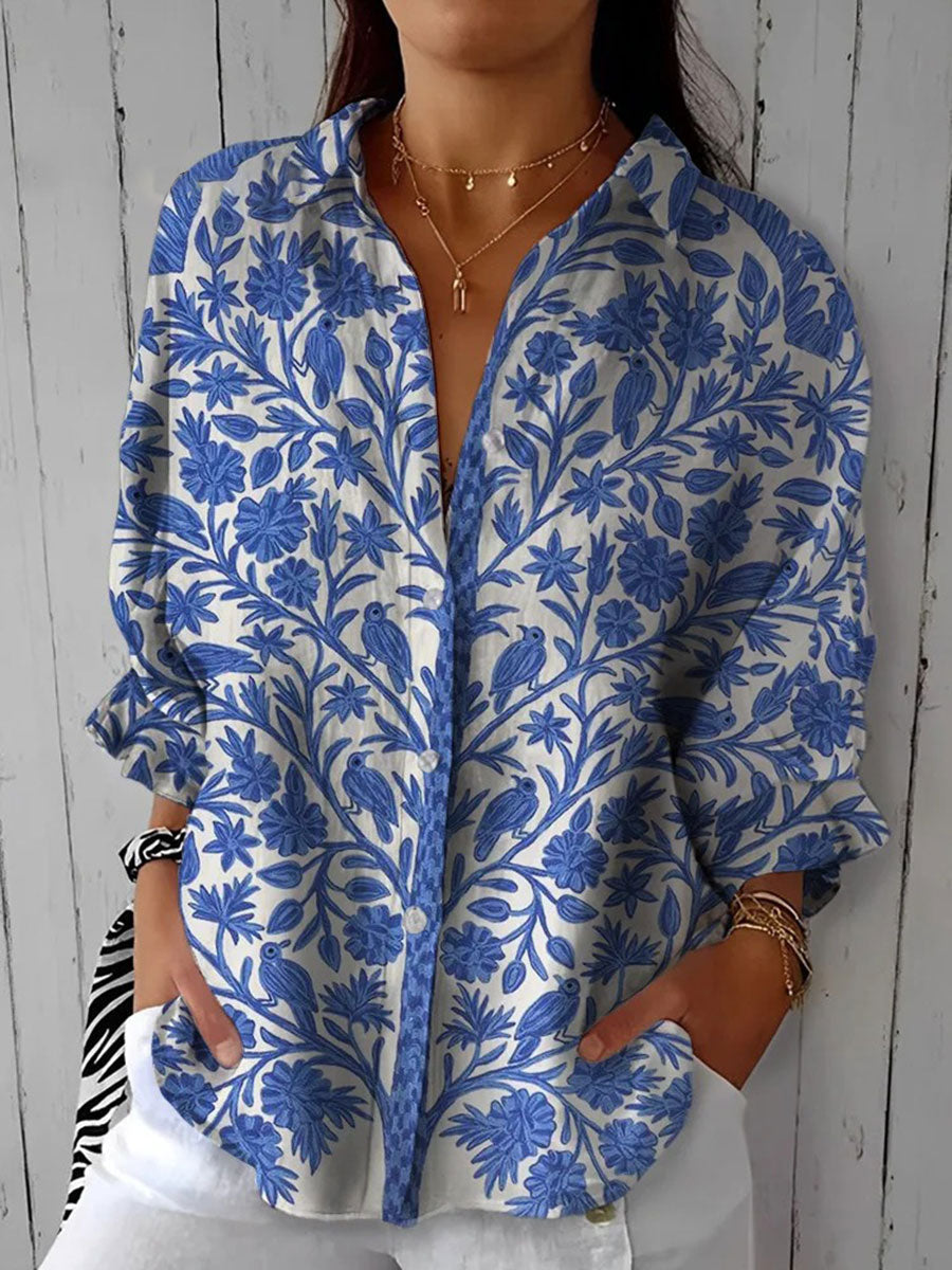 Avielle | Women's Blue Floral Bird Print Blouse