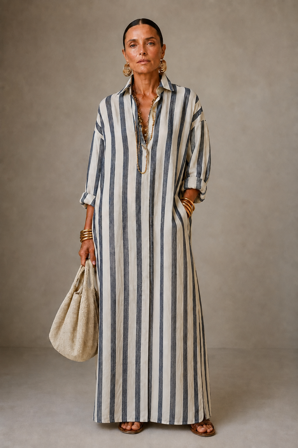 Barbara | Women's Striped Collared Long-Sleeve Maxi Dress