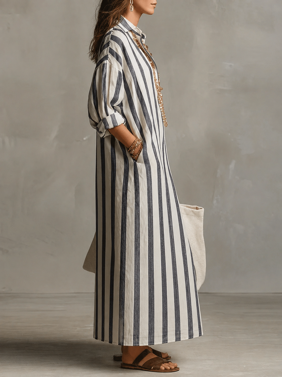 Barbara | Women's Striped Collared Long-Sleeve Maxi Dress
