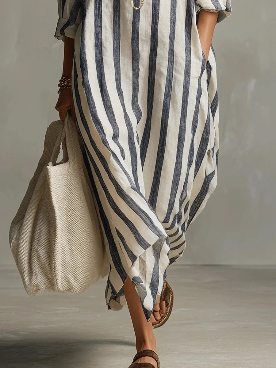 Barbara | Women's Striped Collared Long-Sleeve Maxi Dress