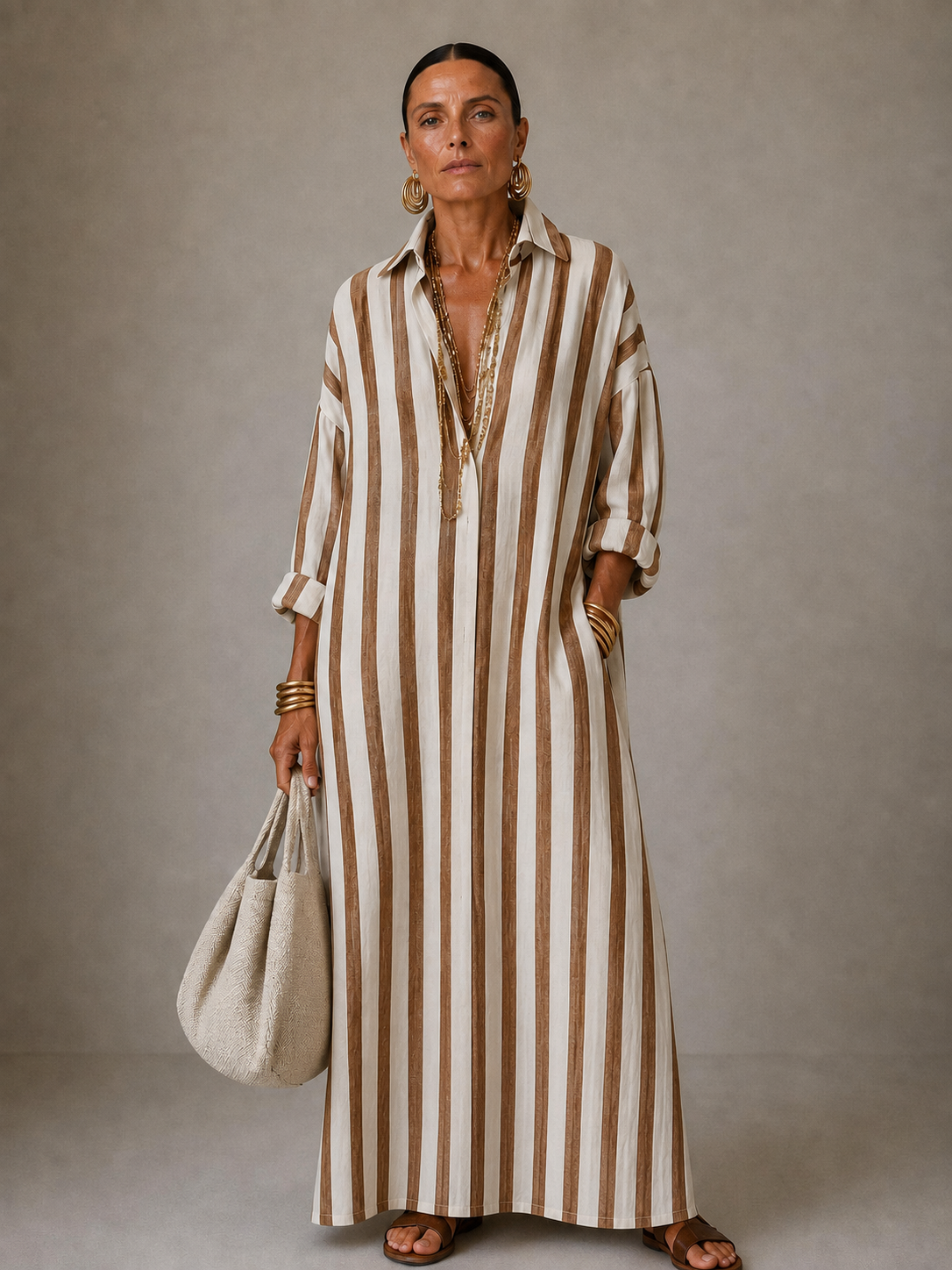 Barbara | Women's Striped Collared Long-Sleeve Maxi Dress