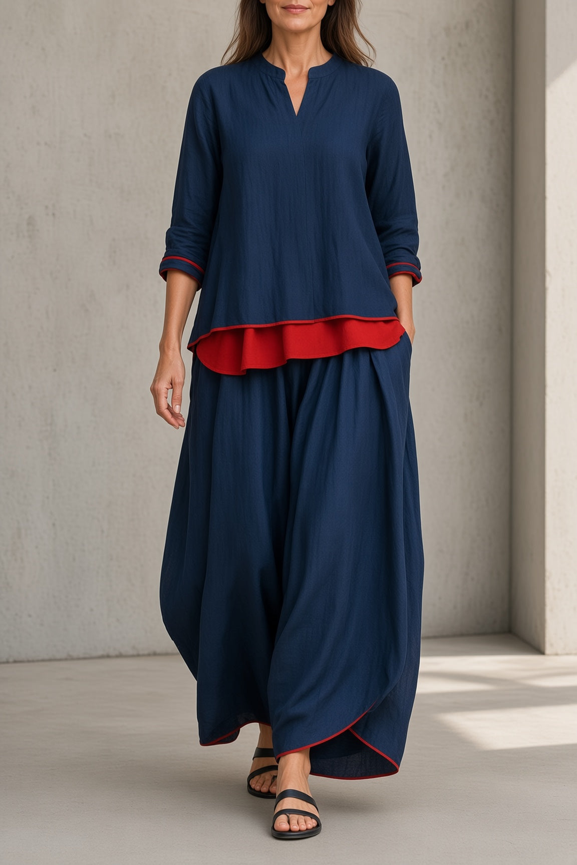 Brenda | Women’s Two-Piece Tunic and Wide-Leg Pants Set with Red Contrast Trim