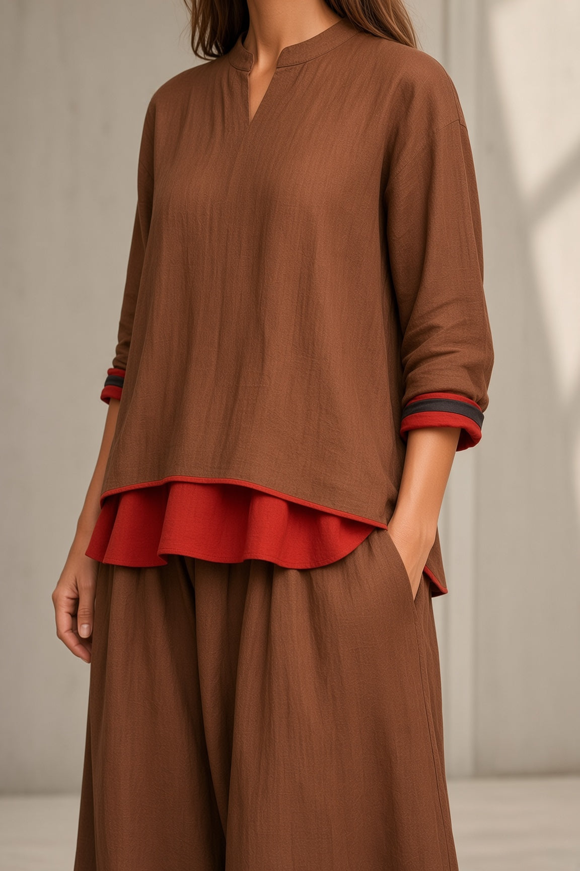 Brenda | Women’s Two-Piece Tunic and Wide-Leg Pants Set with Red Contrast Trim