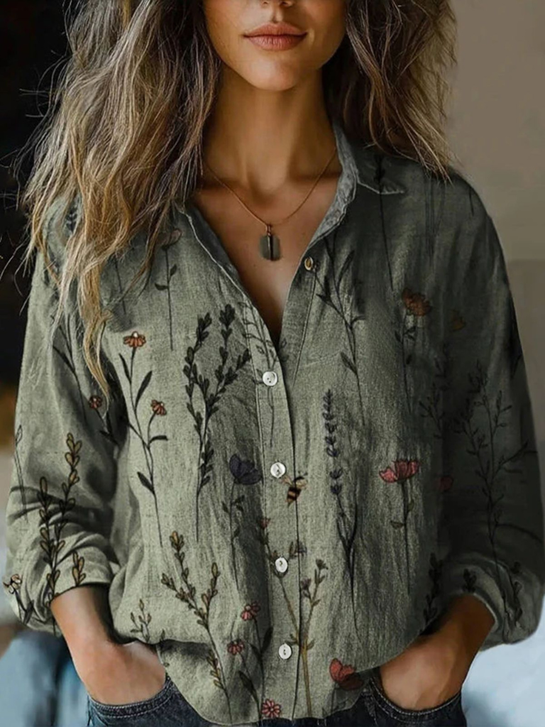 Calindra | Women's Retro Floral Long-Sleeve Blouse