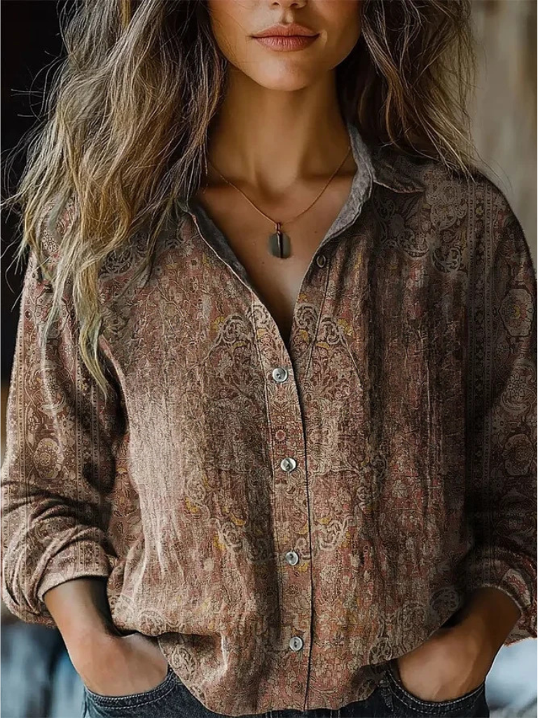 Calindra | Women's Retro Floral Long-Sleeve Blouse