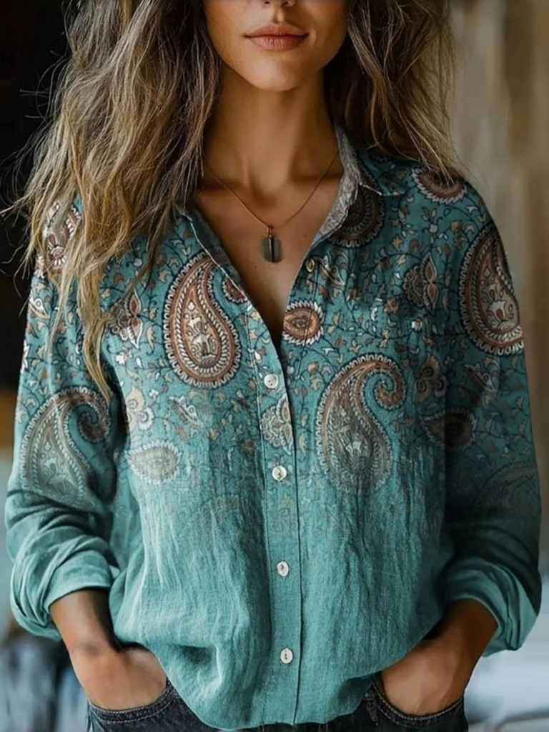 Calindra | Women's Retro Floral Long-Sleeve Blouse