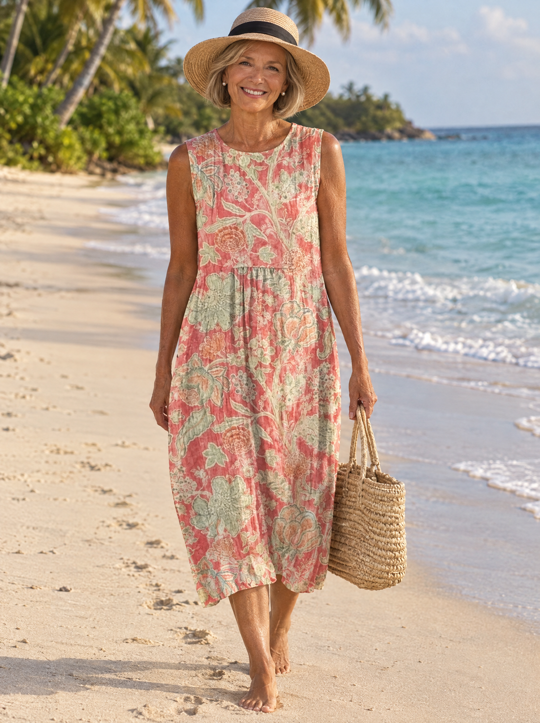 Camille | Women's Coral Floral Print Midi Dress