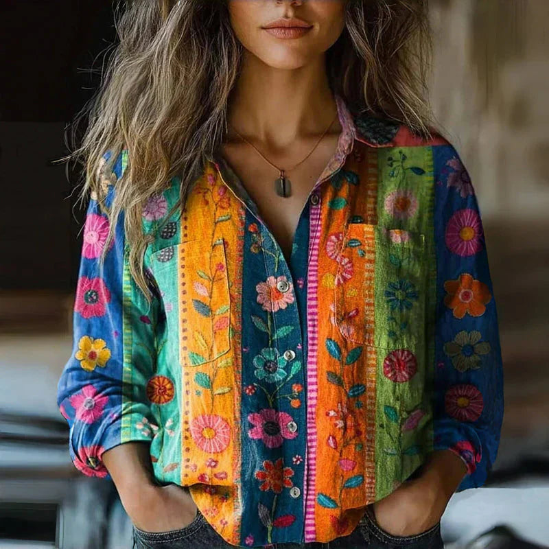 Cecily | Women's Bohemian Floral Print Blouse with Button Front
