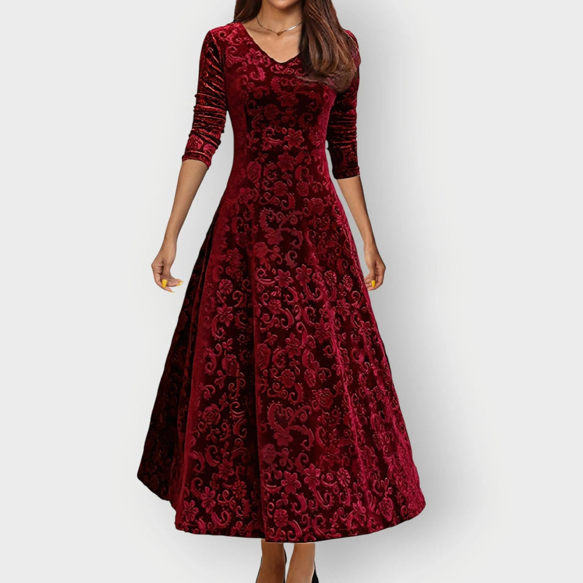 Charlene | Women's Vintage Floral Embossed Midi Dress