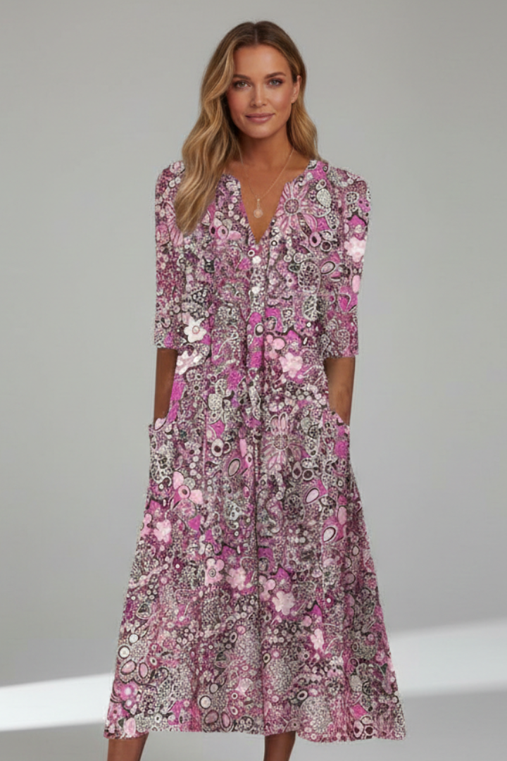 Cheska | Women's Printed V-Neck Midi Dress With Three-Quarter Sleeves
