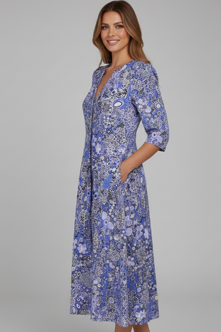 Cheska | Women's Printed V-Neck Midi Dress With Three-Quarter Sleeves