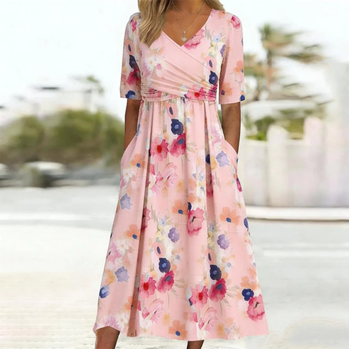 Lucy | Women's Floral Wrap Midi Dress with Ruched Empire Waist